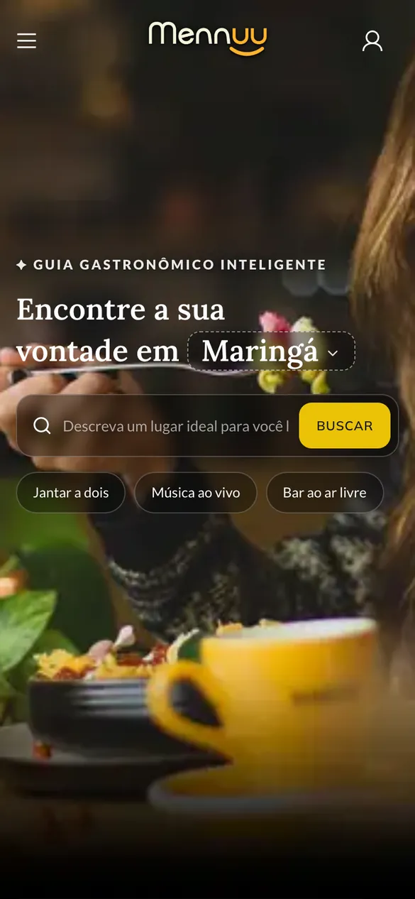 Tela inicial da Mennuu no celular: Encontre a sua vontade em Maringá, com campo de busca