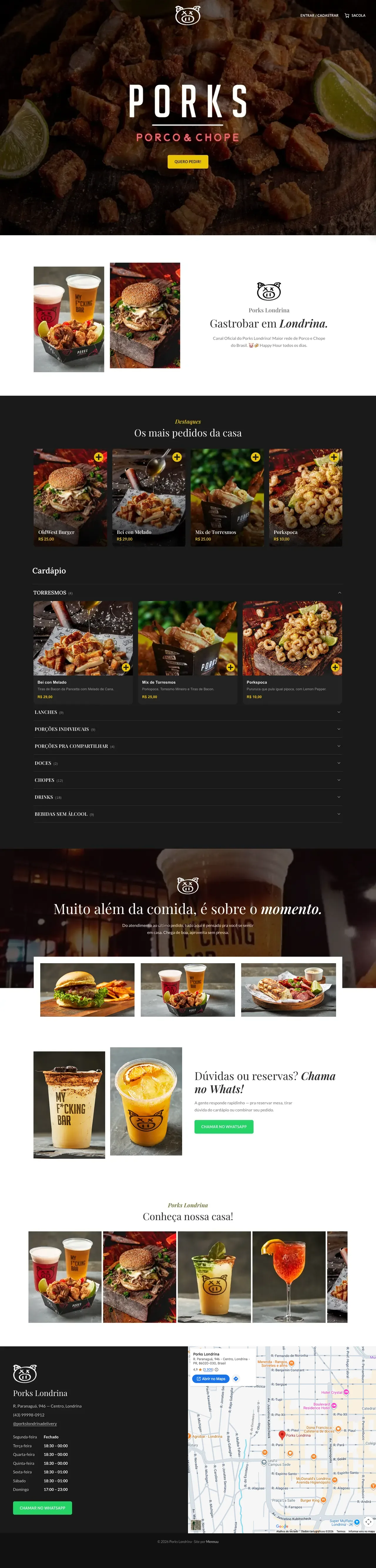 Site do Porks Londrina feito na Mennuu: banner com a logo, destaques da casa, cardápio com fotos e preços, galeria, endereço e horários