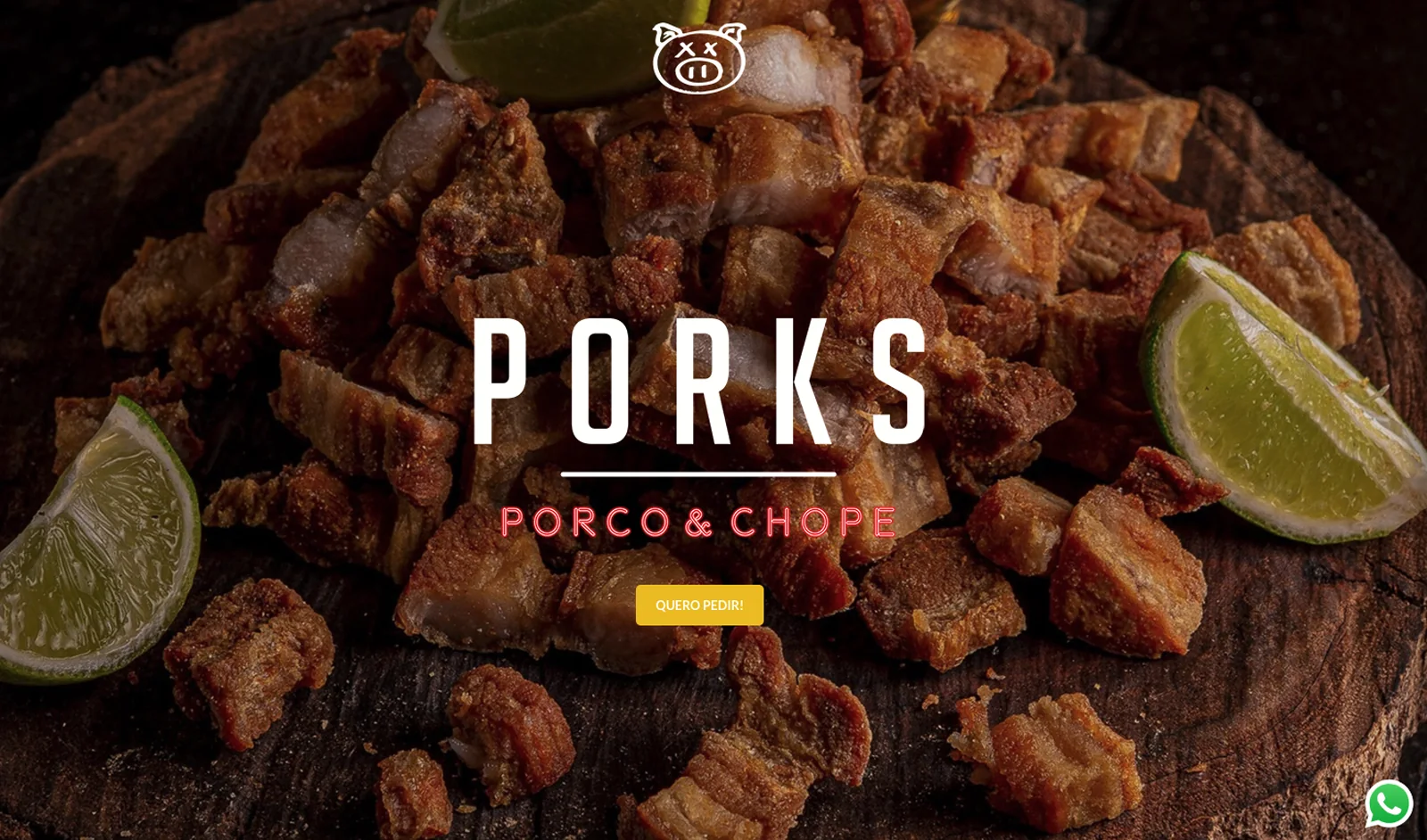 Porks, página inicial com o prato de torresmo
