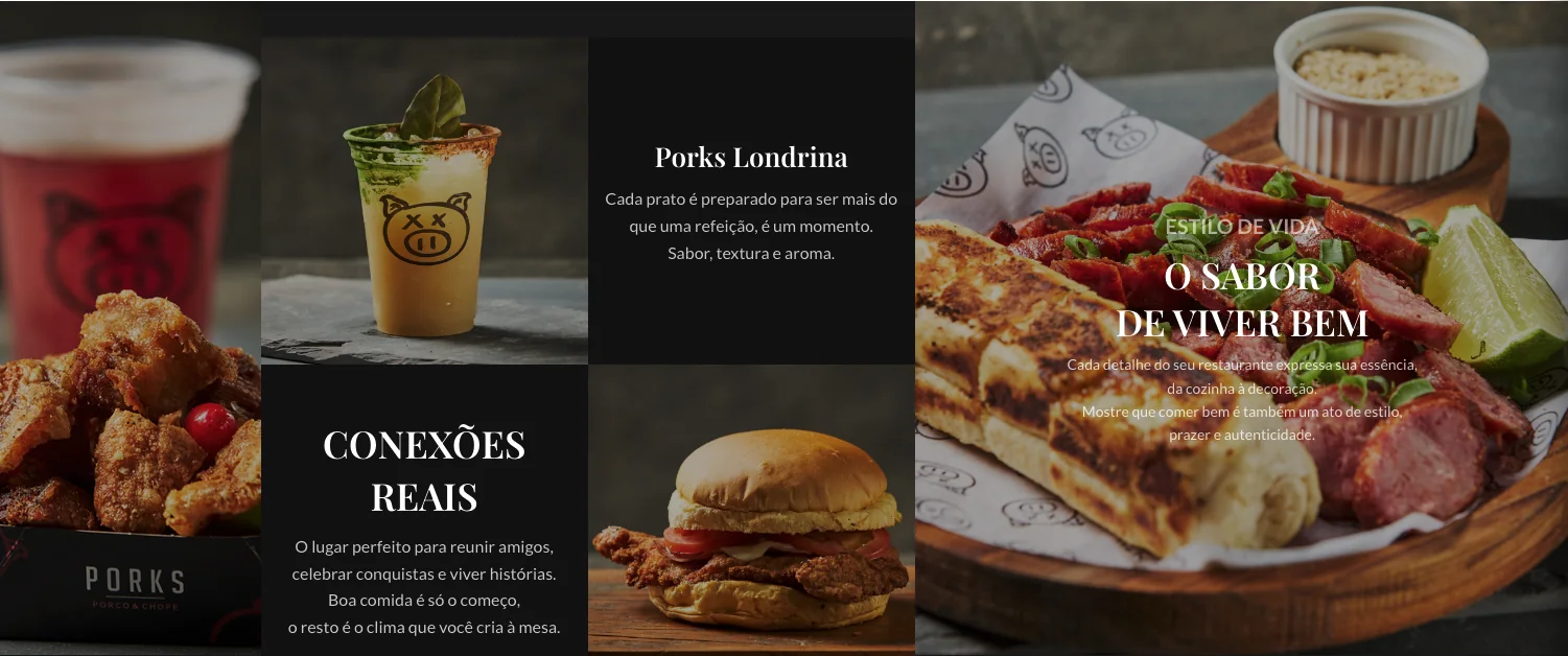 Porks, faixa de fotos dos pratos e drinks