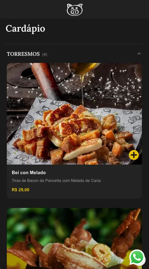 Porks, cardápio na versão mobile