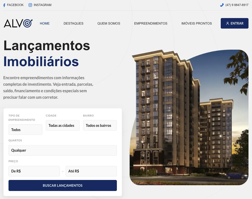 Alvo, página inicial com busca de lançamentos imobiliários