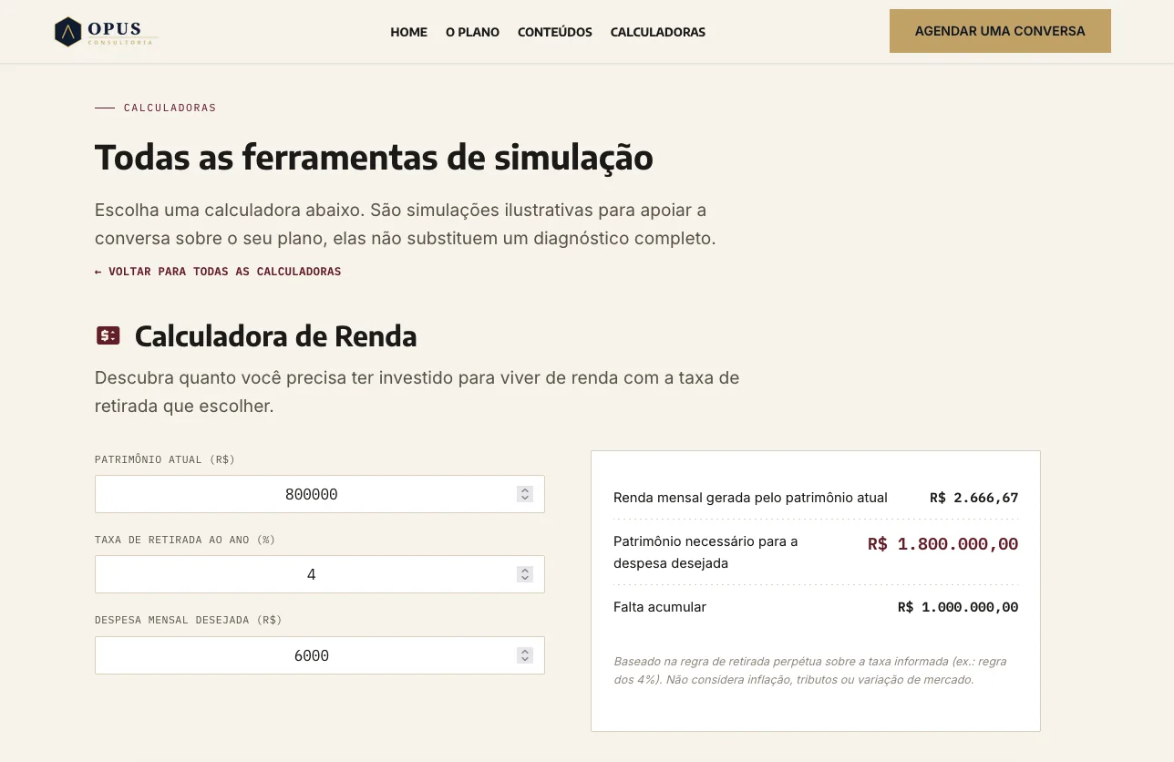 OPUS Consultoria, calculadora de renda